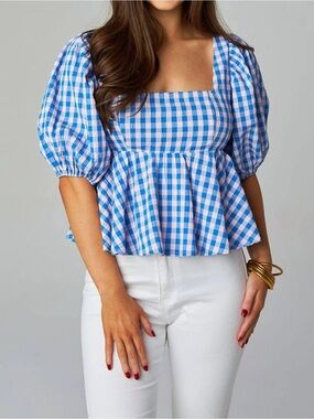 Buddy Love Puff Sleeved Gingham Square-Neck Peplum Top